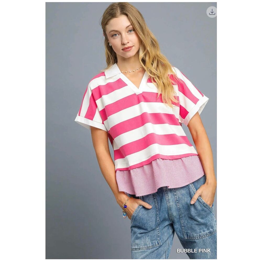 Umgee - Chic Contrast Stripe Collared Top - Small - Picture 2 of 6